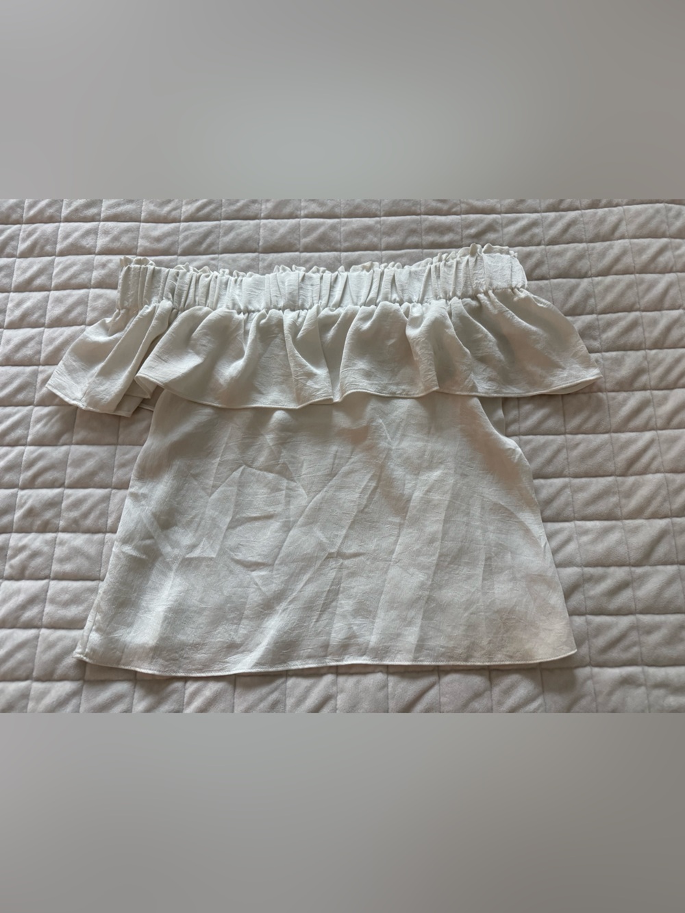 Express Off the Shoulder Cream Ruffle-Trim Satin Blouse